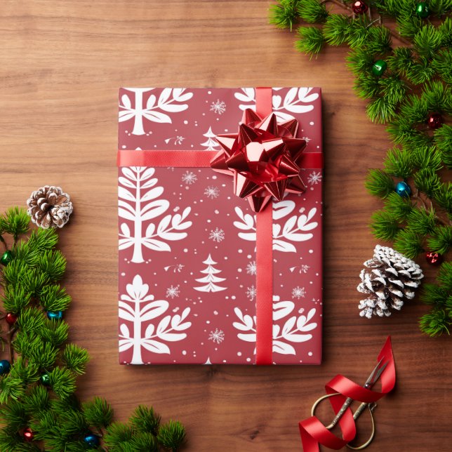De Regalo Navidades rojos envolviendo papel con árboles (Regalo de vacaciones)