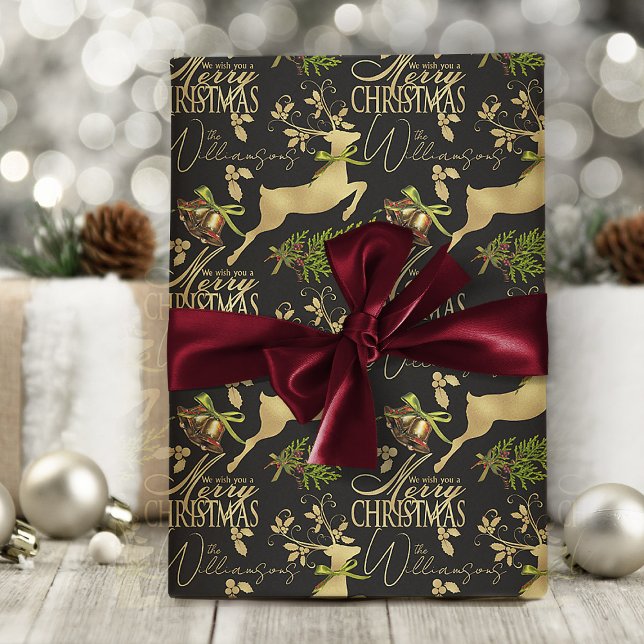 De Regalo Papel envolvimiento navideño elegante reno (elegant black and gold Christmas wrapping paper with personalized name or text)