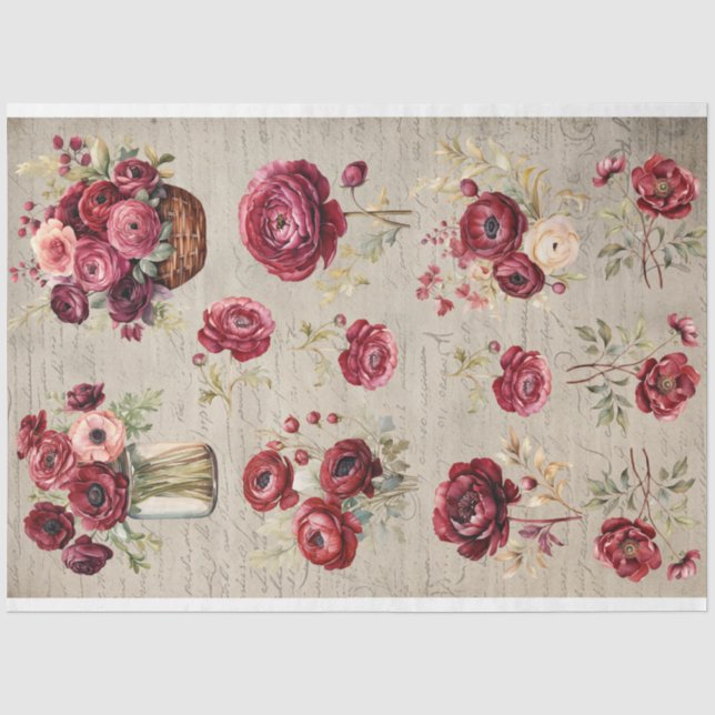 De Seda Burgundy Ranunculus vintage papel antiguo (Anverso)