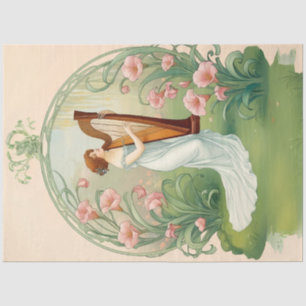 De Seda Dama Art Nouveau con Arpa Papel Decoupage