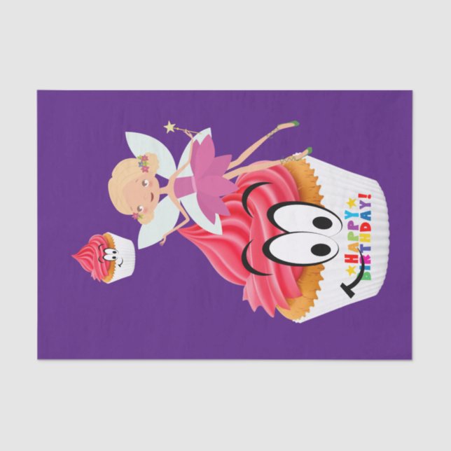 De Seda Feliz Cumpleaños Papel Tejido Cupakes Fairy (Anverso)
