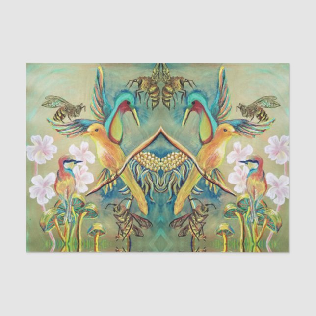 De Seda pájaros y abejas pintando papel tisular (Anverso)