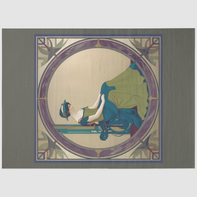 De Seda Papel decoupage Dama Art Nouveau Esperando (Anverso)