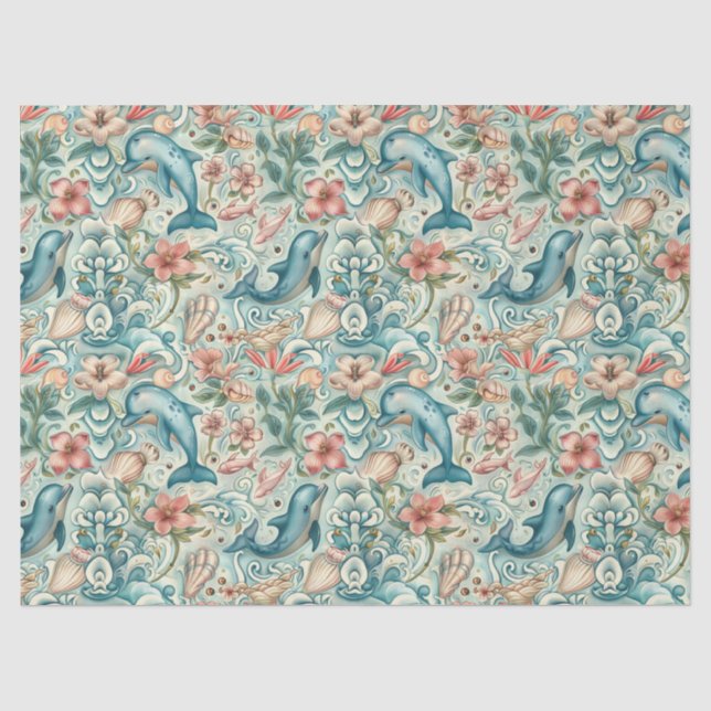 De Seda Papel Decoupage Flores Delfines Acuarela Pastel (Anverso)
