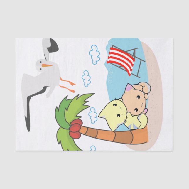 De Seda Papel tapete Gaviota Gato Perro Palm Tree Beach (Anverso)