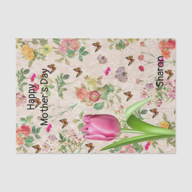 De Seda Papel Tejido Floral Tulipanes rosados Mariposa Cor (Anverso)