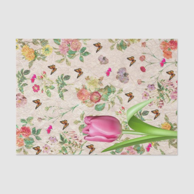 De Seda Papel Tejido Tulipán rosa Mariposa Flora (Anverso)