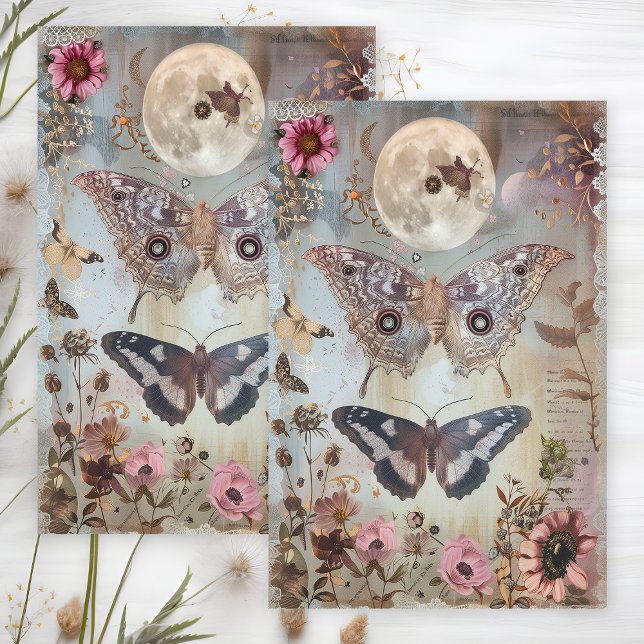 DE SEDA PAPEL TISÚ DECOUPAGE LUNA Y POLILLA (MOON AND MOTH DECOUPAGE TISSUE PAPER)