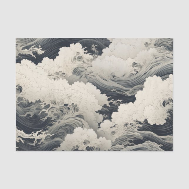 De Seda Papel tisú estampado con olas japonesas (Anverso)