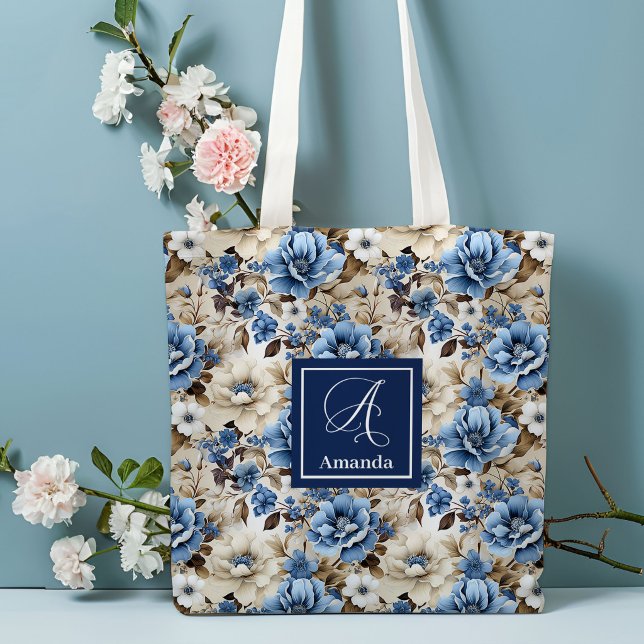 De Tela Bolso Personalizado Flores Azul Marino Sofisticada (Sophisticated Navy Blue Flowers Personalized Tote Bag)