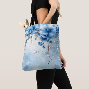 De Tela Bolso Tot con Flores Azules y Perlas