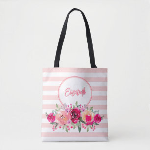 De Tela Bolso Tot Monograma con Flores Acuarela sobre Raya