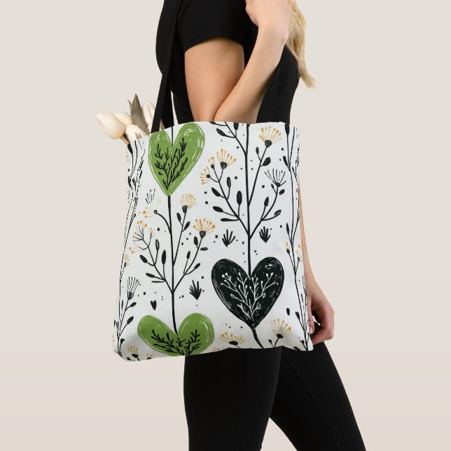 De Tela Bolso Tote Botánico Corazón Verde Moderno (Detalle)