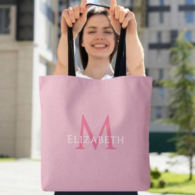De Tela Bolso Tote con inicial del nombre Monograma Modern (Pink Monogram Modern Name Initial Tote)