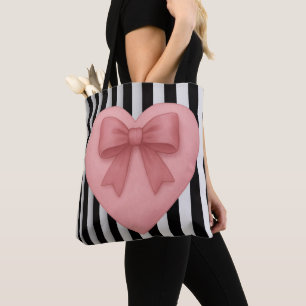 De Tela Bolso tote con lazo rosa corazón rayas negro&blanc
