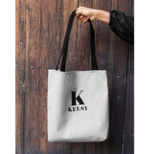 De Tela Bolso Tote con Monograma y Nombre en Negro y Blanc