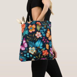 De Tela Bolso tote con un vibrante floral y mariposa 