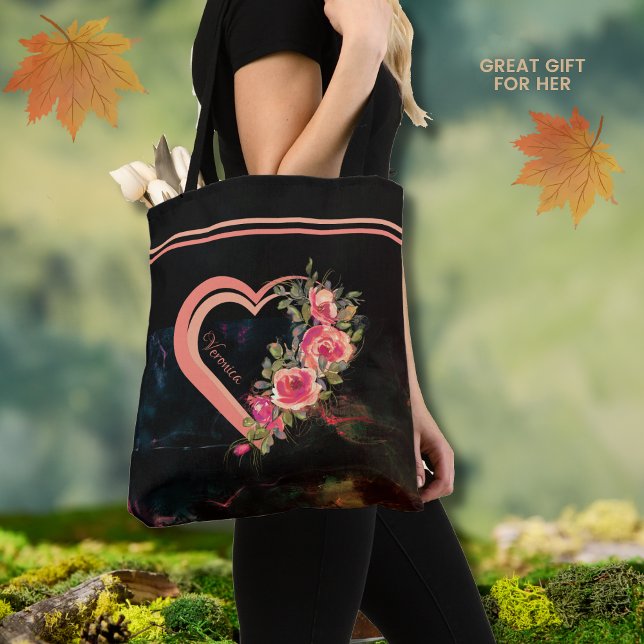 De Tela Bolso Tote Corazón Rosa con Rosas (Pink Heart with Roses Tote)