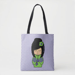 De Tela Bolso Tote Estampado Kokeshi Doll Green Purple