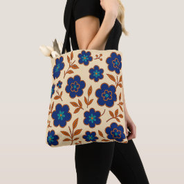 De Tela Bolso Tote Floral Boho Azul y Beige