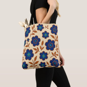 De Tela Bolso Tote Floral Boho Azul y Beige