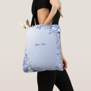 De Tela Bolso Tote Flores Ornamentadas Azules con Perlas