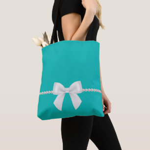 De Tela Bolso Tote Lazo Grande Blanco y Perlas Inspirado