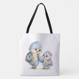 De Tela Bolso Tote Manija Negra Pájaro Azul