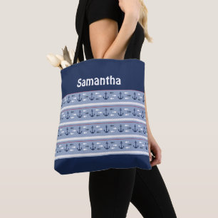 De Tela Bolso Tote Monograma Anclas Azul Marino Blanco Roj