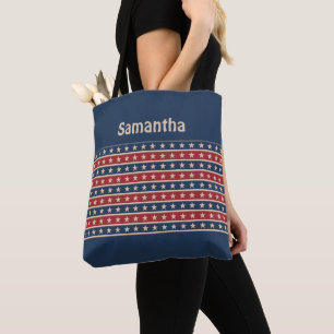De Tela Bolso Tote Monograma Patriótico Rojo Azul y Beige