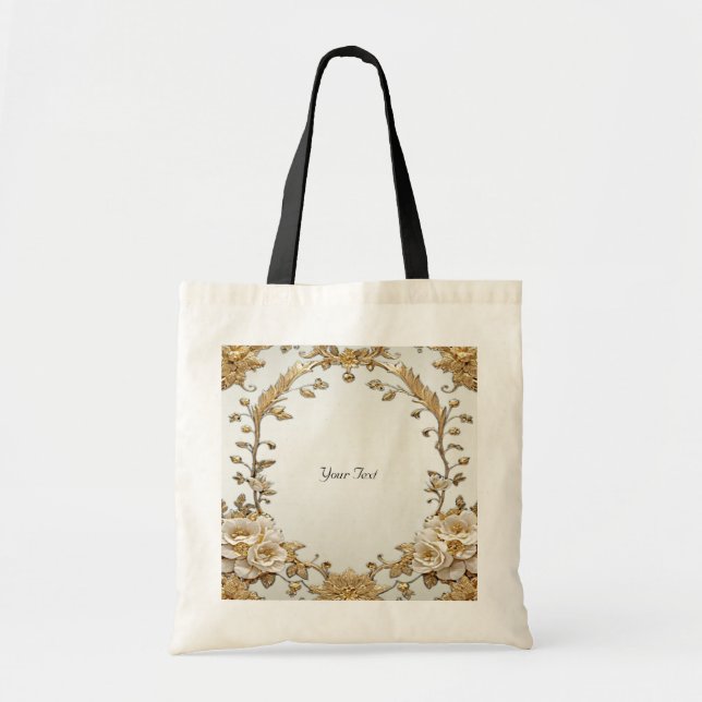 De Tela Bolso Totebag Flores Blancas Doradas Ornamentadas (Frente)