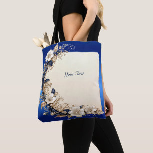 De Tela Bolso Totém con Adorno Floral Blanco Azul