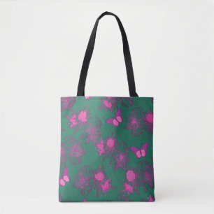 De Tela Bolso Totem Floral Verde Oscuro con Rosa Caliente