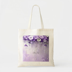 De Tela Bolso Totte con Flores Purpúreas y Perlas Colgante
