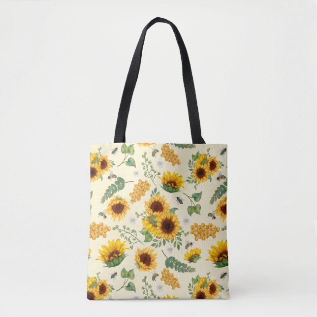 De Tela Jardín amarillo girasoles miel abejas tote bolso (Anverso)