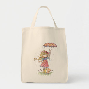De Tela Niña Pequeña y Gatito con Bolso en la Lluvia