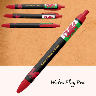 De Tinta Negra Bolígrafo Bandera Galesa Personalizado, Gales / Cy