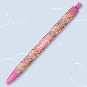 De Tinta Negra Bolígrafo con bonito patrón floral y nombre