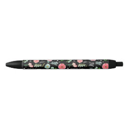 De Tinta Negra Floral | Monograma Personalizado | Bolígrafo