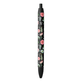 De Tinta Negra Floral | Monograma Personalizado | Bolígrafo