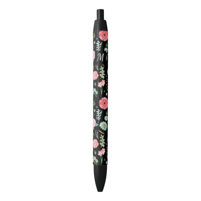 De Tinta Negra Floral | Monograma Personalizado | Bolígrafo (Frente vertical)