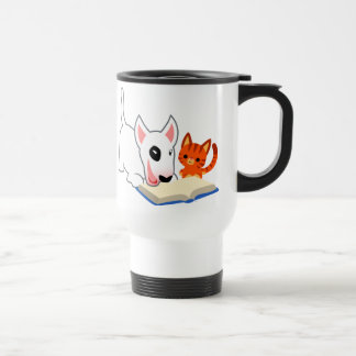 De Viaje Dibujo animado Bullie y gatito con la taza del