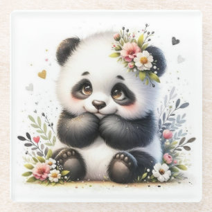 De Vidrio Bebé Panda Floral Posavasos Lindo Kawaii Acuarel
