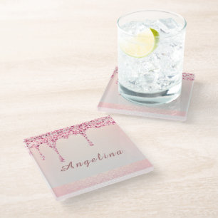 De Vidrio Posavasos Elegante Rosa Glam con Brillo Goteado