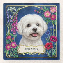 Posavasos Floral Azul Perro Maltés Personalizado