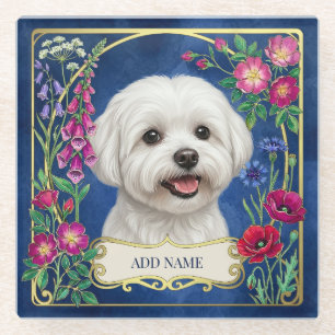 De Vidrio Posavasos Floral Azul Perro Maltés Personalizado