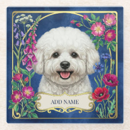 De Vidrio Posavasos Floral Azul Personalizado Bichon Frise
