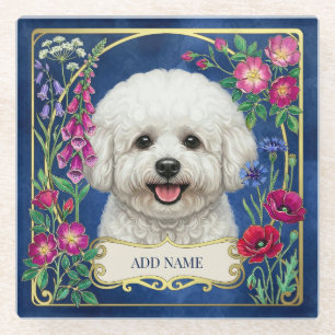 De Vidrio Posavasos Floral Azul Personalizado Bichon Frise