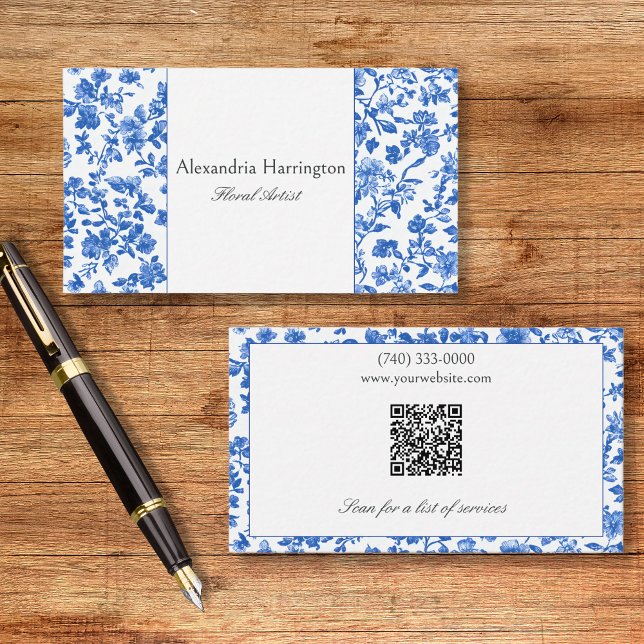 De Visita Tarjeta Floral Azul con Código QR (Subido por el creador)