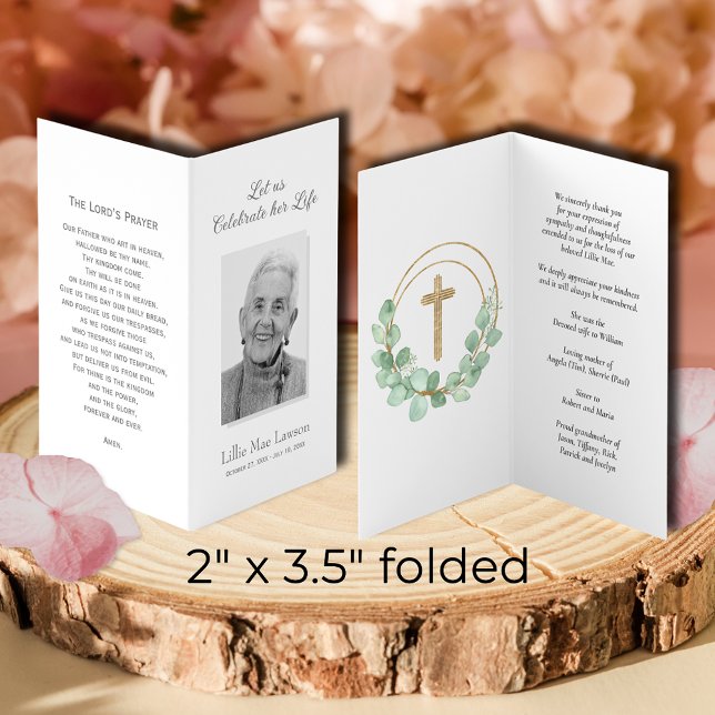 De Visita Tarjeta fotográfica simple conmemorativa del funer (SMALL folded celebration of life photo tribute prayer cards, 2" x 3.5" finished size)